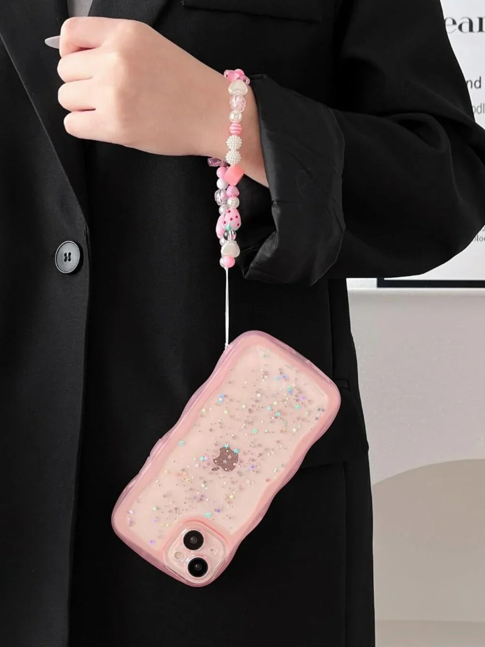 iPhone 15 Plus Wavy Phone Case Includes Beaded Phone Strap Charm